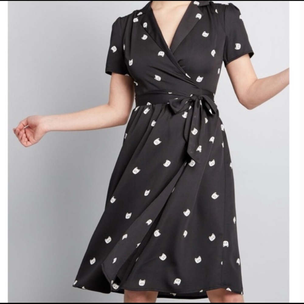 ModCloth Black Cat Wrap Midi Dress